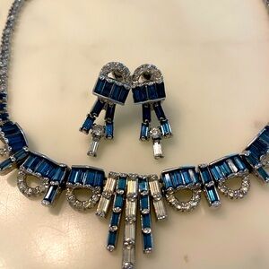Vintage signed “Keyes” blue rinestone necklace and earrings